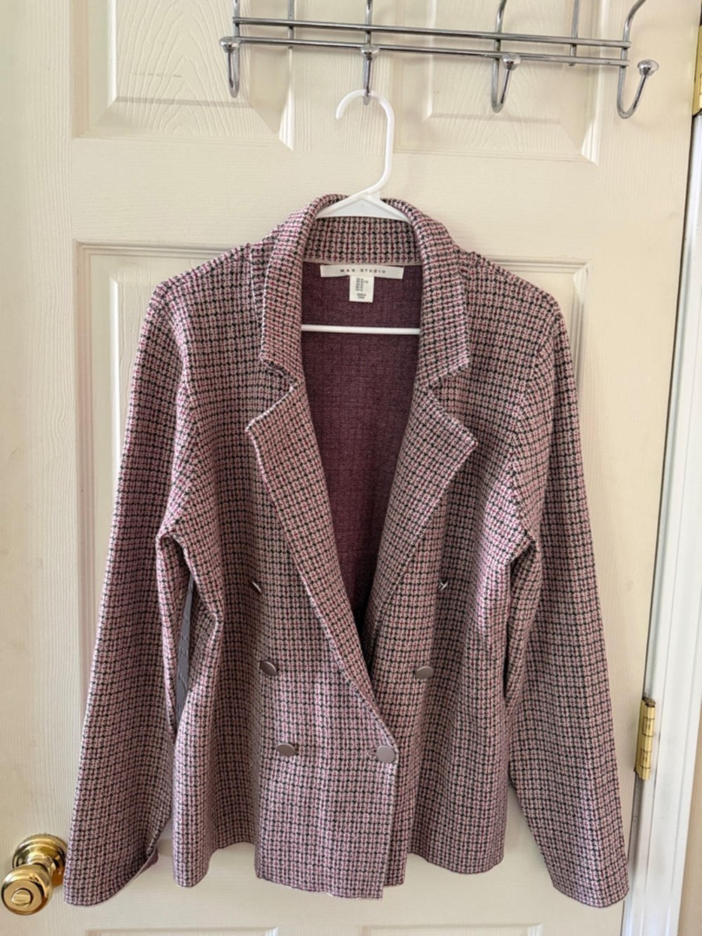 Max Studio Pink Houndstooth Knit Double-Breasted Blazer